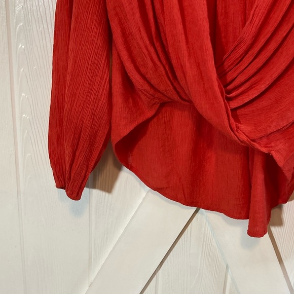 Free People Red Long Sleeve Blouse with Plunge Neckline and Wrap Style - Picture 4 of 11